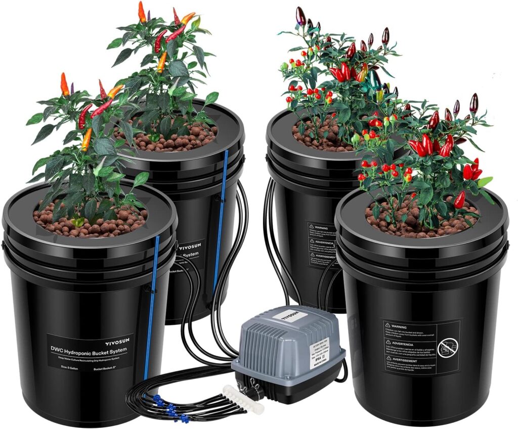 Amazon.com : VIVOSUN DWC Hydroponics Grow System, 5-Gallon Deep Water Culture, Recirculating Drip Garden System with Multi-Purpose Air Hose, Air Pump, and Air Stone (4 Bucket + Top Drip Kit) : Patio, Lawn  Garden