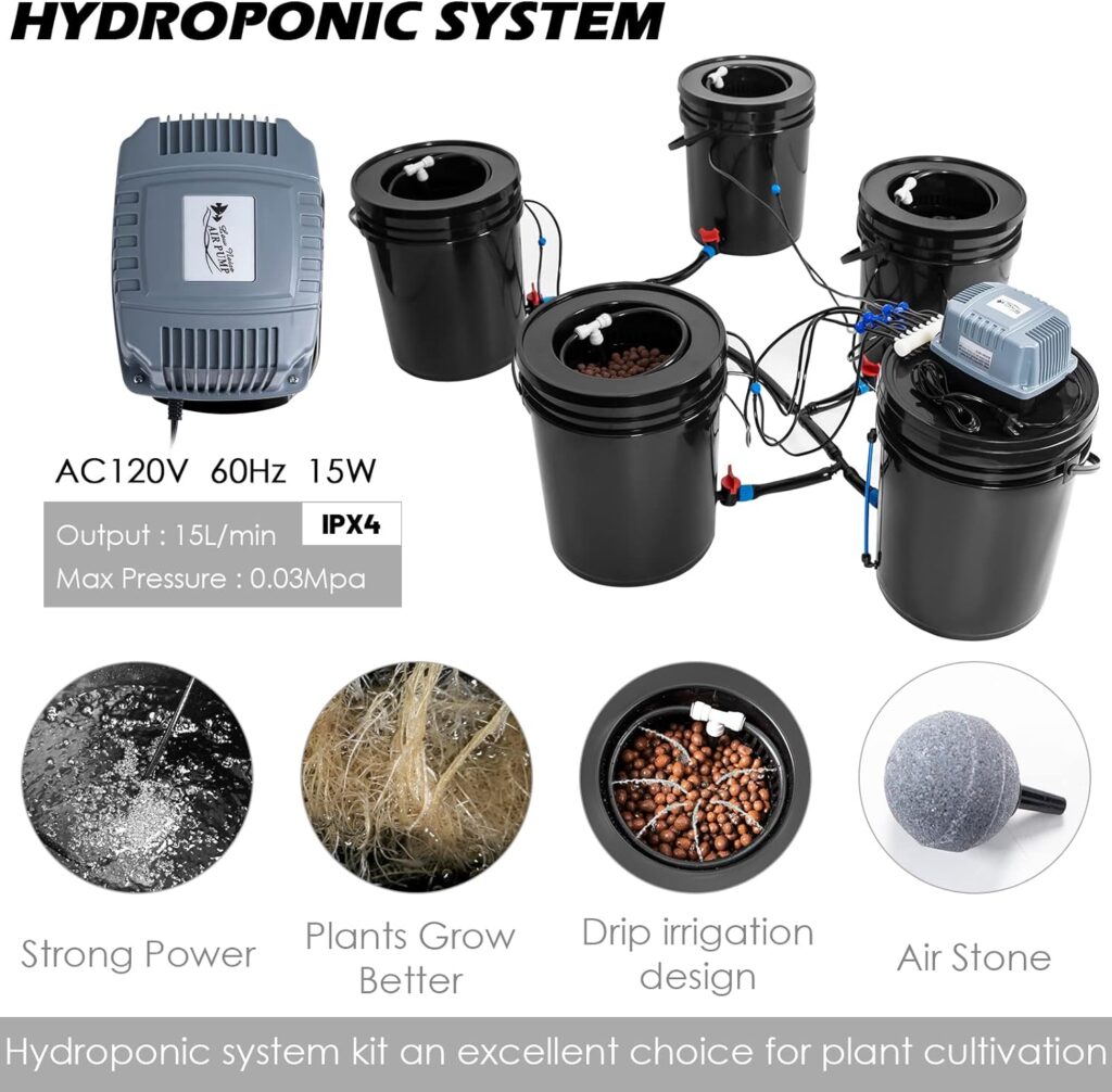 Hydroponics Growing System 5 Gallon DWC Hydroponic Bucket Kit Multi Barrel Hydroponic Machine Drip Irrigation System for Vegetables (4 Bucket + Reservoir Kit)